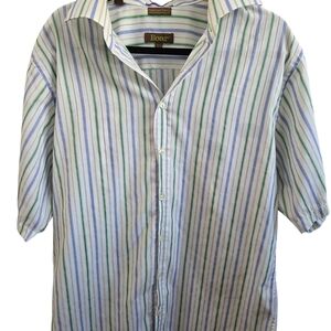 Roar Mens XL Striped Button Down Shirt Green Blue Short Sleeve